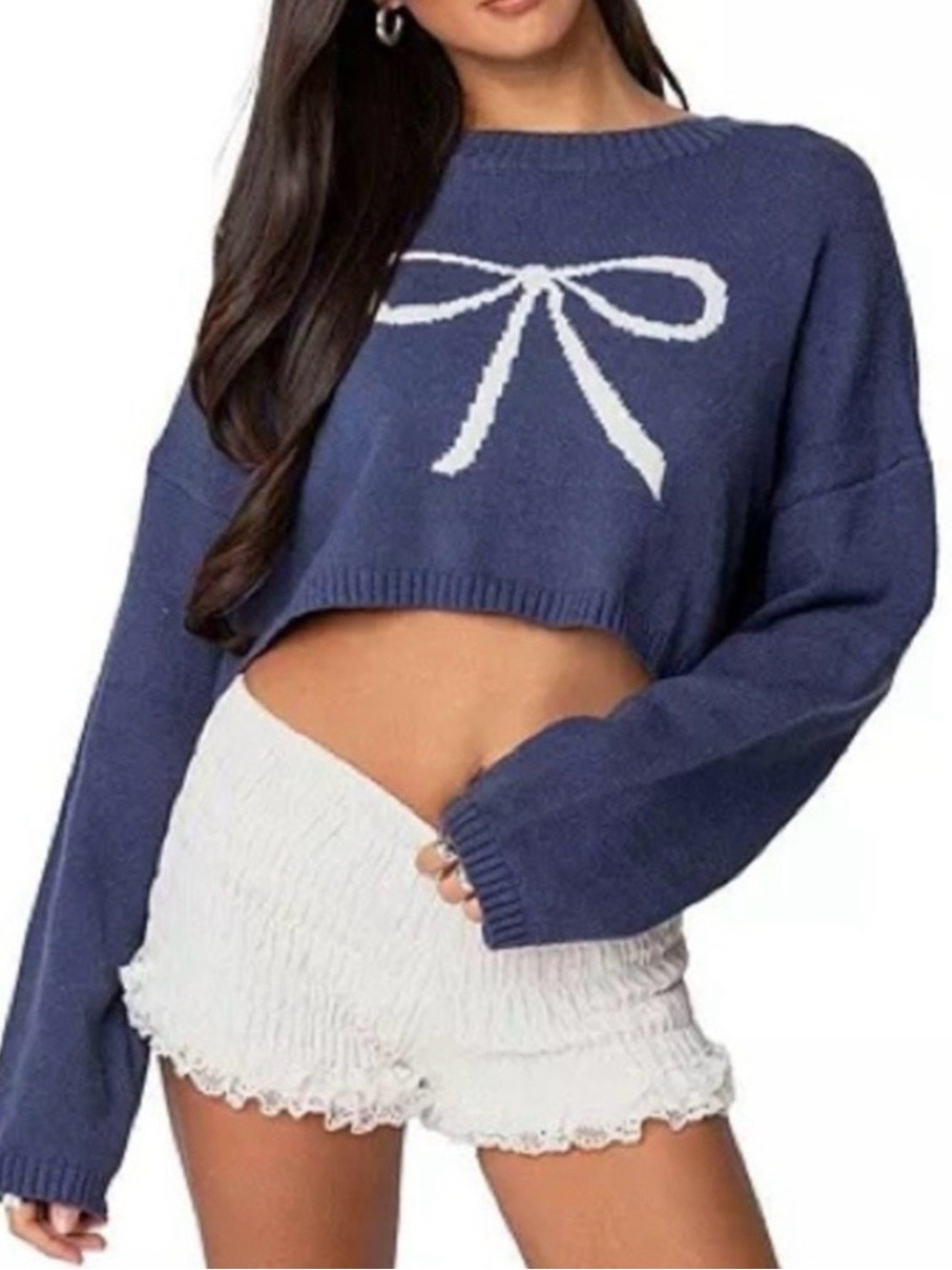 Edikted Navy Cropped Sweater with White Bow Graphic Sz M NWOTs